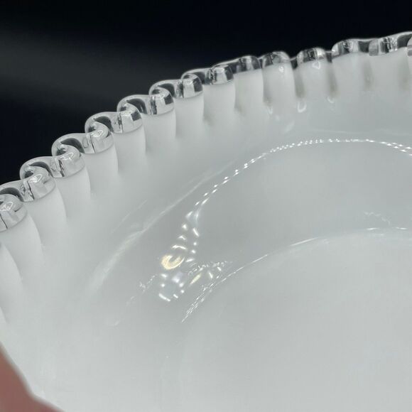Fenton Milk Glass Heart Shape Nappy Candy Dish w/ Silver Crest Ruffled Edge - Picture 9 of 12